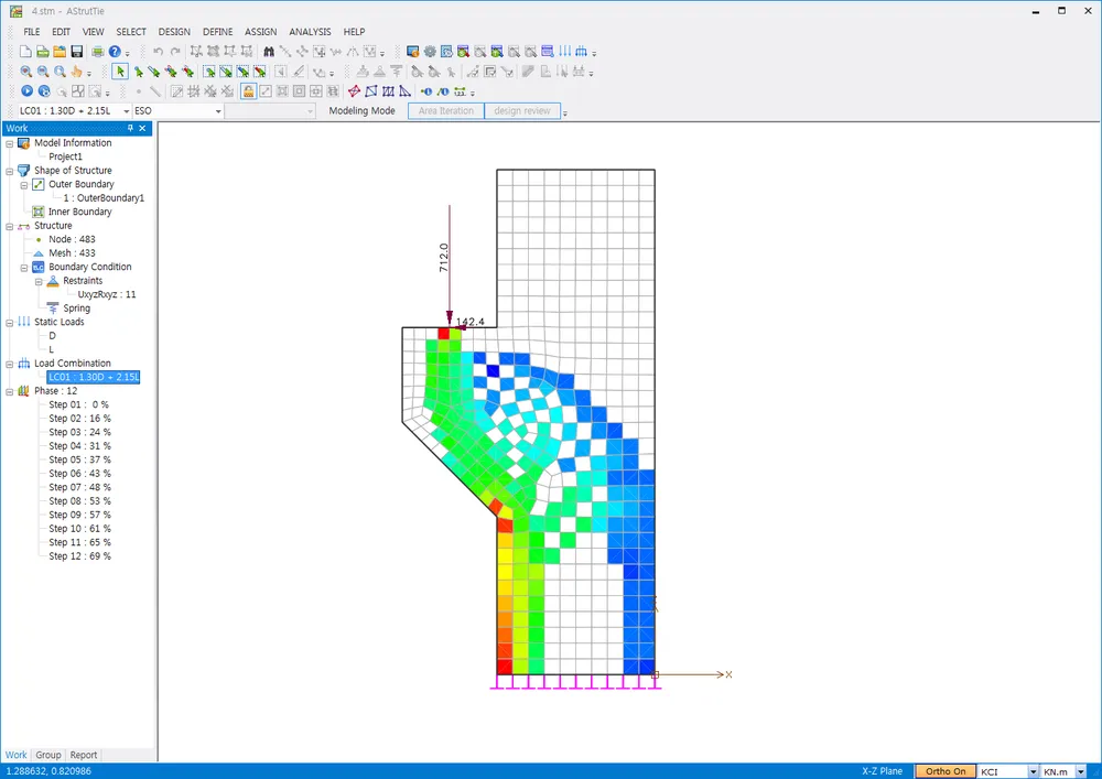 AStrutTie Modeling Mode in ESO, with Work tree showing Phase steps 01-12 and load combination LC01, and a color-coded element mesh of the loaded corbel model.