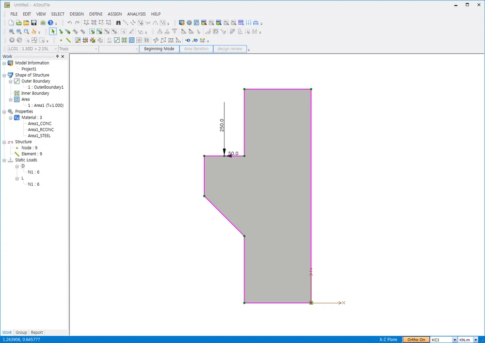 AStrutTie Beginning Mode window with the Work tree showing Shape of Structure, Materials and Structure nodes, and a corbel-shaped area model with a point load in the X-Z plane.