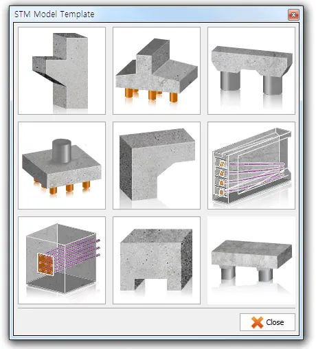 STM Model Template dialog showing a 3-by-3 grid of concrete model thumbnails (corbels, pile caps, deep beams, anchorage zones) with a Close button.