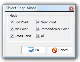 Object Snap Mode dialog with Mode checkboxes for End Point, Mid Point, Cross Point, Near Point, Perpendicular Point and All, with OK and Cancel buttons.