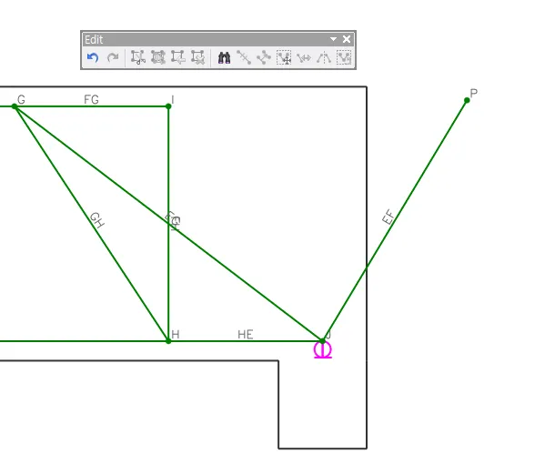 Strut-and-tie model drawing with green members labeled FG, GH, IG, HE and EF between nodes G, I, H, E and P, with a magenta snap marker at node E and the floating Edit toolbar above.