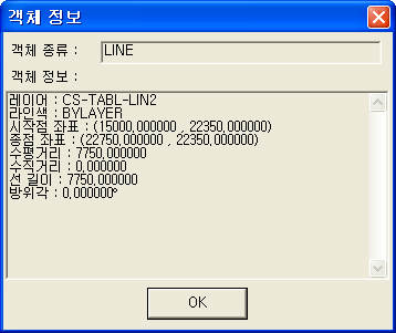 '객체 정보' 대화상자로 객체 종류 LINE, 레이어·라인색·시작점/종점 좌표·수평거리·수직거리·선 길이·방위각 정보와 OK 버튼 표시