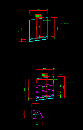 검은 배경의 CAD 화면에서 옹벽 단면 도면 두 개가 위아래로 동일한 수직 간격으로 정렬된 모습