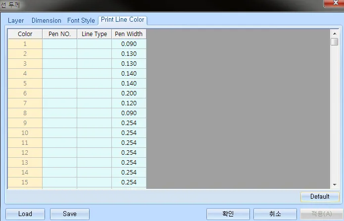 선 두께 대화상자의 Print Line Color 탭으로 Color, Pen NO., Line Type, Pen Width 열의 색상별 목록과 Default, Load, Save 버튼이 있는 화면