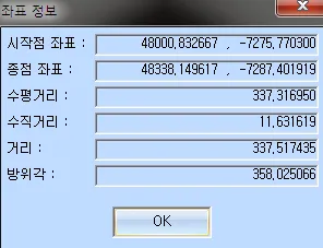 '좌표 정보' 대화상자로 시작점 좌표, 종점 좌표, 수평거리, 수직거리, 거리, 방위각 값이 표시되고 OK 버튼이 있는 화면