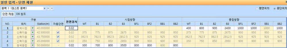 일반 입력 - 단면 제원 화면의 단면 제원 탭, 위치·Station(m)·자동단면·전면경사 구분 열과 시점방향·종점방향의 WT, B1~B3, BF1·BF2, BB1·BB2 두께 입력 표