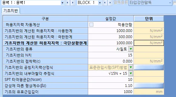 기초지반 입력 화면으로 허용지지력 자동계산이 '적용안함'이며 사용한계·극한한계 허용지지력, 기초지반의 종류(사질토), N치, 점착력(c), 공칭지지력 산정식(표준관입시험(SPT)방법), 내부마찰각 추정식, SPT 타격평균값, 형상계수, 유효근입깊이 항목이 표로 정리됨