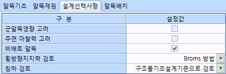 '설계선택사항' 탭의 구분·설정값 표로 군말뚝영향 고려, 주면 마찰력 고려, 비배토 말뚝 체크, 횡방향지지력 검토는 Broms 방법, 침하 검토는 구조물기초설계기준으로 검토 선택
