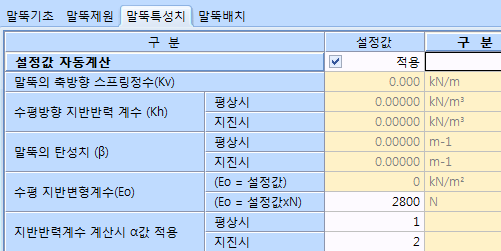 말뚝특성치 탭 입력표로 설정값 자동계산 체크, 말뚝의 축방향 스프링정수(Kv), 수평방향 지반반력계수(Kh) 평상시·지진시, 말뚝의 탄성치(β), 수평 지반변형계수(Eo), 지반반력계수 계산시 α값 적용 항목 구성