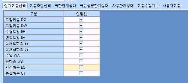 ‘설계하중선택’ 탭 화면으로 고정하중 DC·DW, 수평토압 EH, 연직토압 EV, 상재토하중 ES, 상재활하중 LS는 체크되고 수압 WA, 풍하중 WS, 지진하중 EQ, 충돌하중 CT는 해제된 설정값 표