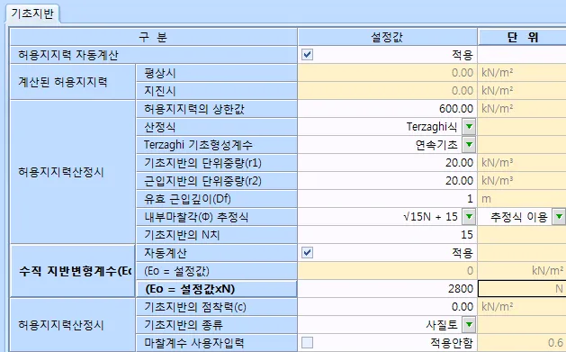 기초지반 탭 입력표로 허용지지력 자동계산, 상한값 600, 산정식 Terzaghi식, 기초형상계수 연속기초, 유효 근입깊이, 내부마찰각 추정식, 수직 지반변형계수 항목이 보임