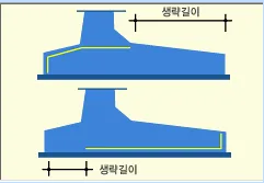 옹벽 기초 단면 두 개로 뒷굽과 앞굽 주철근의 생략 길이를 화살표로 표시한 도식