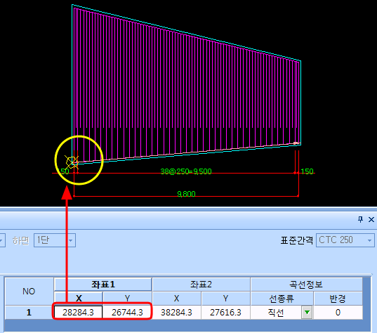 기초 주철근 배근 도면에서 시점 위치(노란 원)와 아래 입력표의 좌표1 X·Y 칸이 화살표로 연결된 모습, 표에는 좌표2와 곡선정보(선종류 직선, 반경 0) 열이 함께 표시