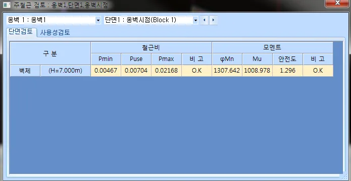 주철근 검토 창의 단면검토 탭으로, 벽체(H=7.000m) 행에 철근비 Pmin·Puse·Pmax와 모멘트 φMn·Mu·안전도 및 비고 O.K가 표시된 표
