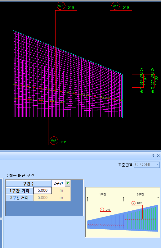 위쪽에 W5·W6·W7 D19 철근이 배근된 벽체 배근 도면, 아래쪽에 표준간격 CTC 250과 주철근 배근 구간 표(구간수 2구간, 1구간 거리 5.000m, 2구간 거리 5.000m) 및 구간별 D16·D22 배근 예시 그림