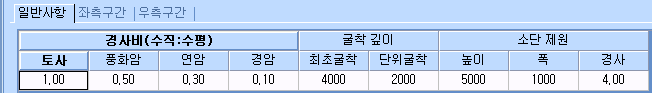 ‘일반사항·좌측구간·우측구간’ 탭 화면으로, 경사비(수직:수평)의 토사 1.00, 풍화암 0.50, 연암 0.30, 경암 0.10과 굴착 깊이(최초굴착·단위굴착), 소단 제원(높이·폭·경사 4.00) 입력표