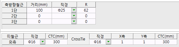 축방향철근 표(1단 거리 100mm, 직경 Φ25, R 62)와 띠철근 외측 직경 Φ16·CTC 300mm, CrossTie 직경 Φ16·X축 1·Y축 1·CTC 300mm 입력 화면