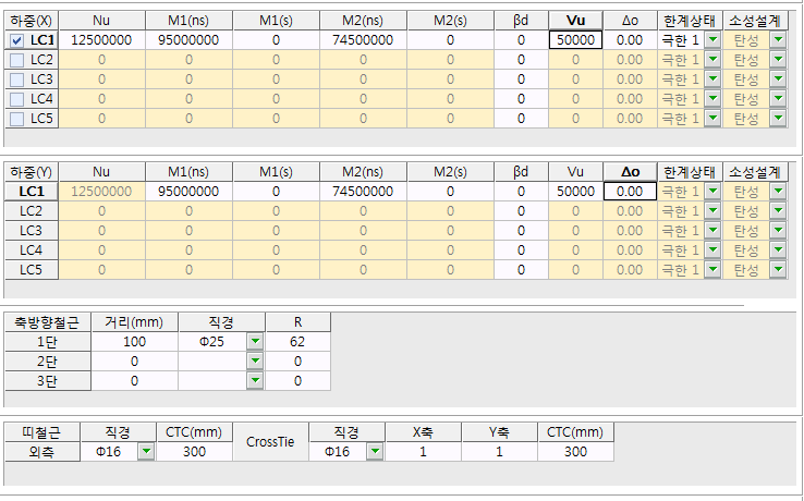 하중(X)·하중(Y) 입력표에 LC1~LC5별 Nu, M1(ns), M1(s), M2(ns), M2(s), βd, Vu, Δo, 한계상태, 소성설계 항목이 있고, 아래에 축방향철근(거리·직경·R)과 띠철근(직경·CTC·CrossTie) 입력란이 있는 화면