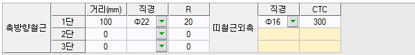 축방향철근 1~3단의 거리(mm)·직경·R 입력표와 띠철근외측의 직경·CTC 입력란, 1단에 100, Φ22, 20 및 Φ16, 300 입력