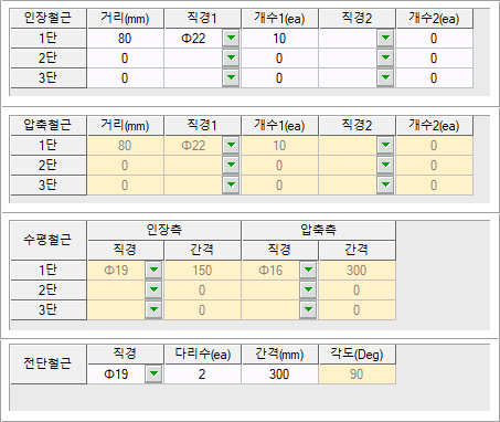 철근 입력 표 네 개로, 인장철근·압축철근은 단별 거리(mm)·직경1·개수1(ea)·직경2·개수2(ea)를, 수평철근은 인장측·압축측 직경과 간격을, 전단철근은 직경 Φ19·다리수 2·간격 300·각도 90을 입력